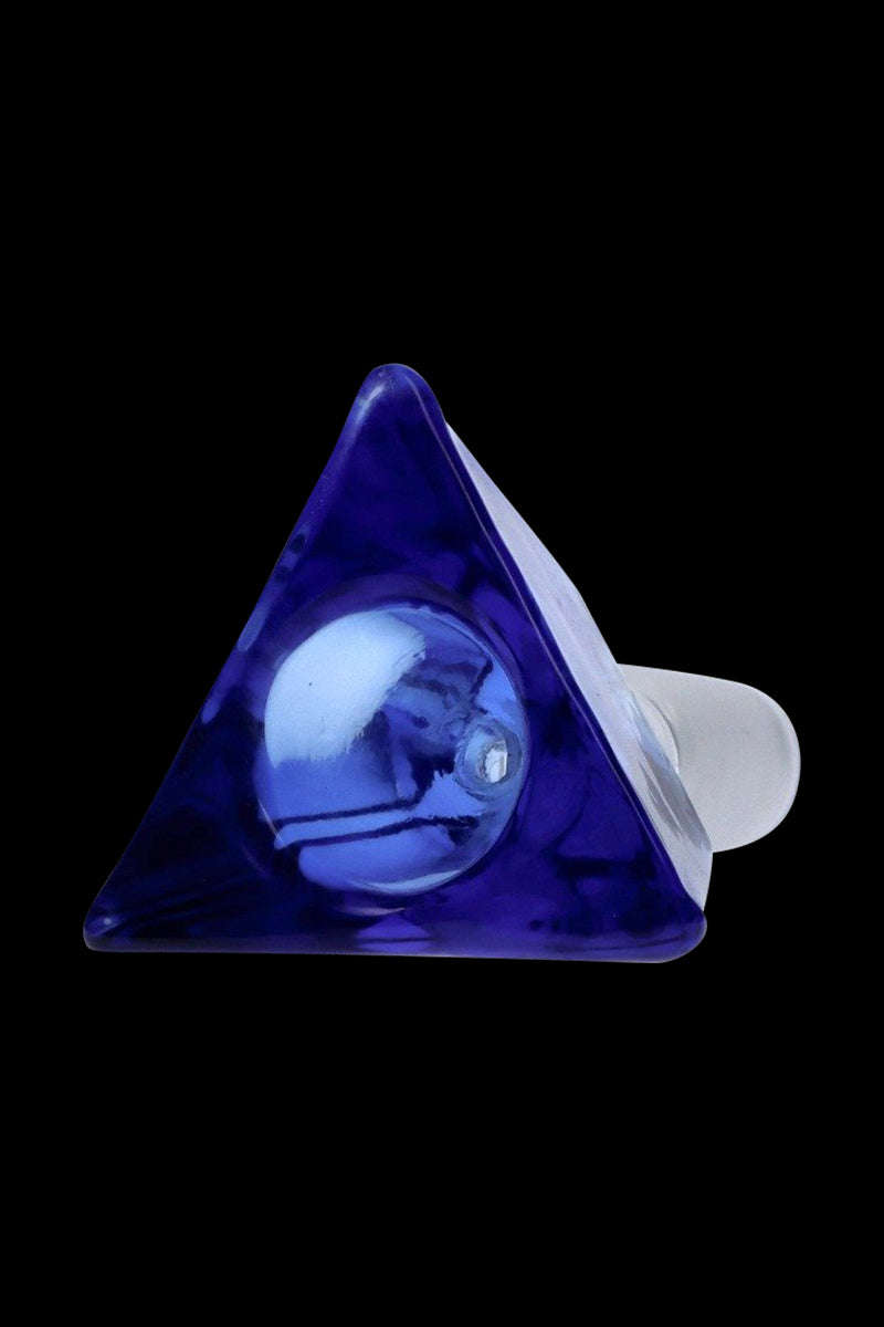 Angled close-up of the Triangle Glass Bowl - Male Joint in translucent deep amber-blue resin against a black background.
