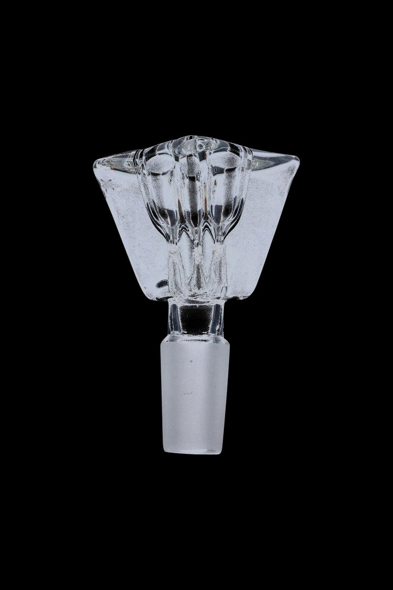 Centered front view of the Triangle Glass Bowl - Male Joint showing a clear triangular glass bowl and frosted male joint against black background