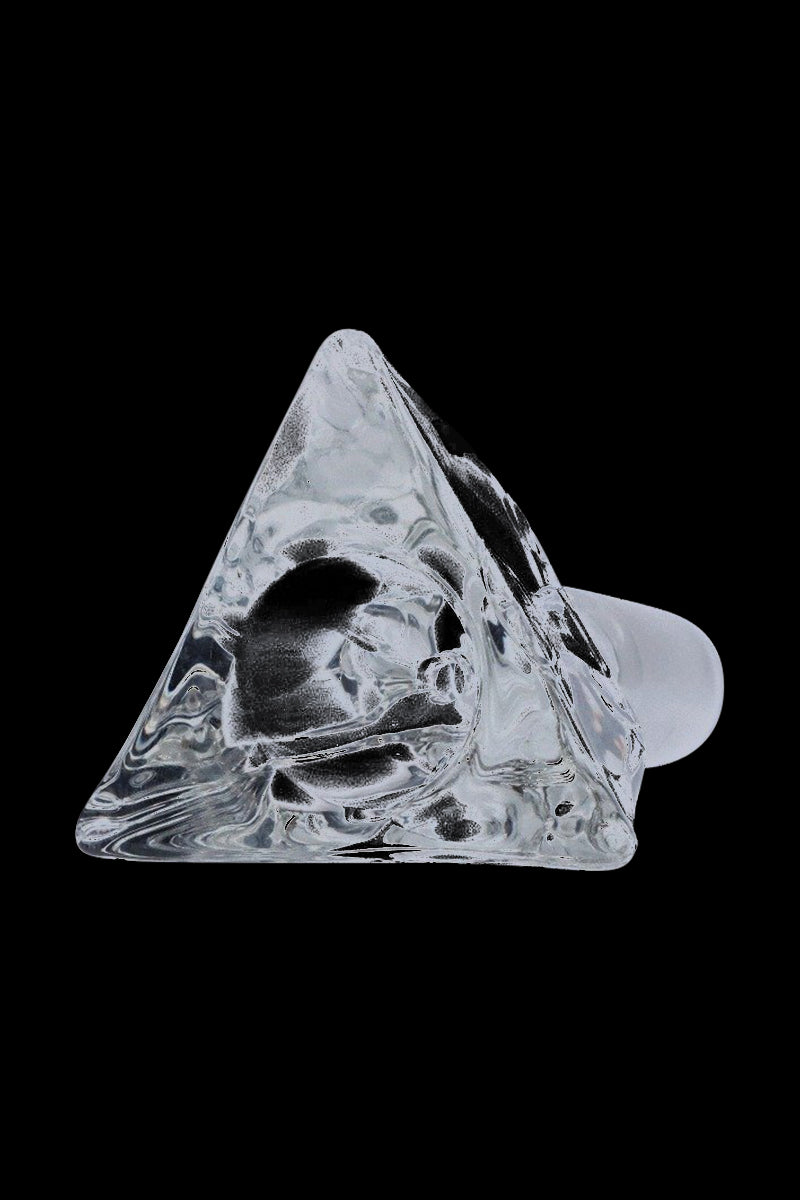 Close-up three-quarter view of the Triangle Glass Bowl - Male Joint in clear glass set against a black background, showing its triangular body and rounded male joint.
