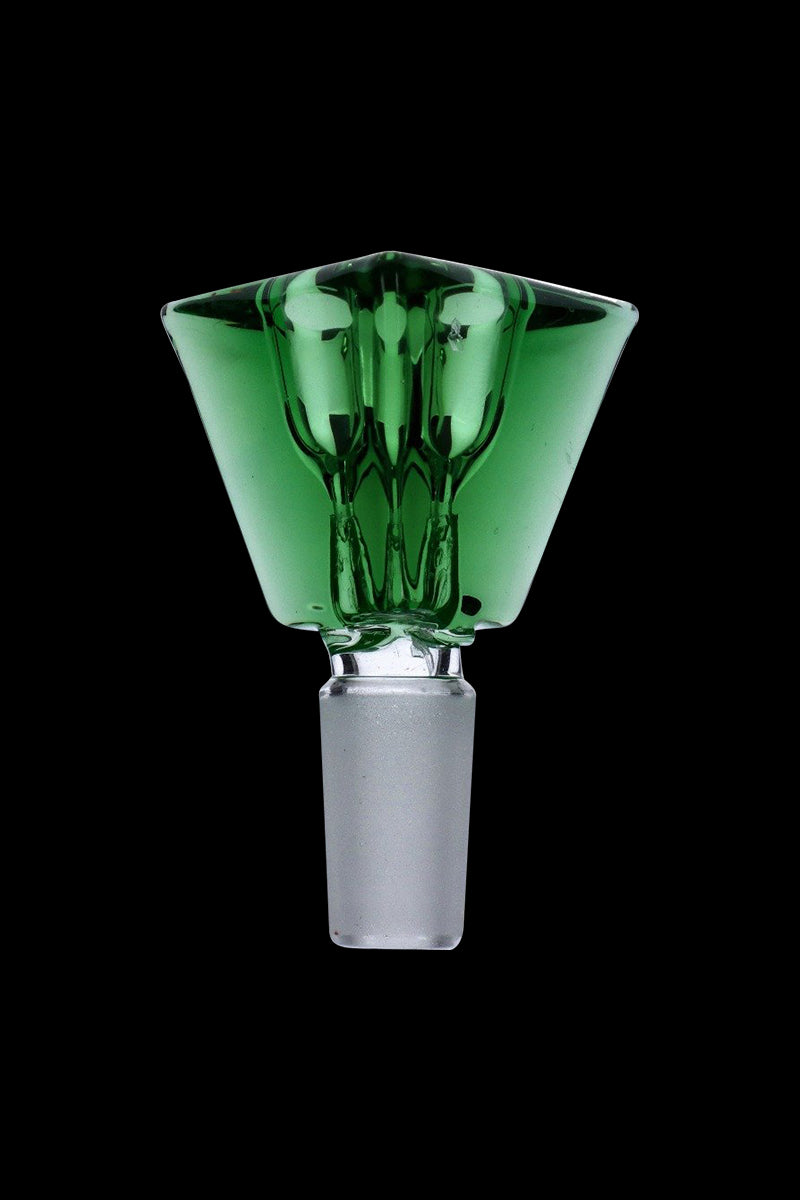 Centered front view of the Triangle Glass Bowl - Male Joint showing a green, triangular glass bowl with a frosted male joint against black background