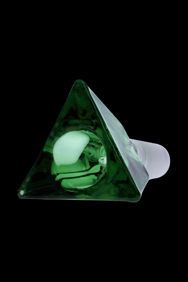 Close-up angled view of the Triangle Glass Bowl - Male Joint in translucent green, shown against a black background highlighting its triangular front.