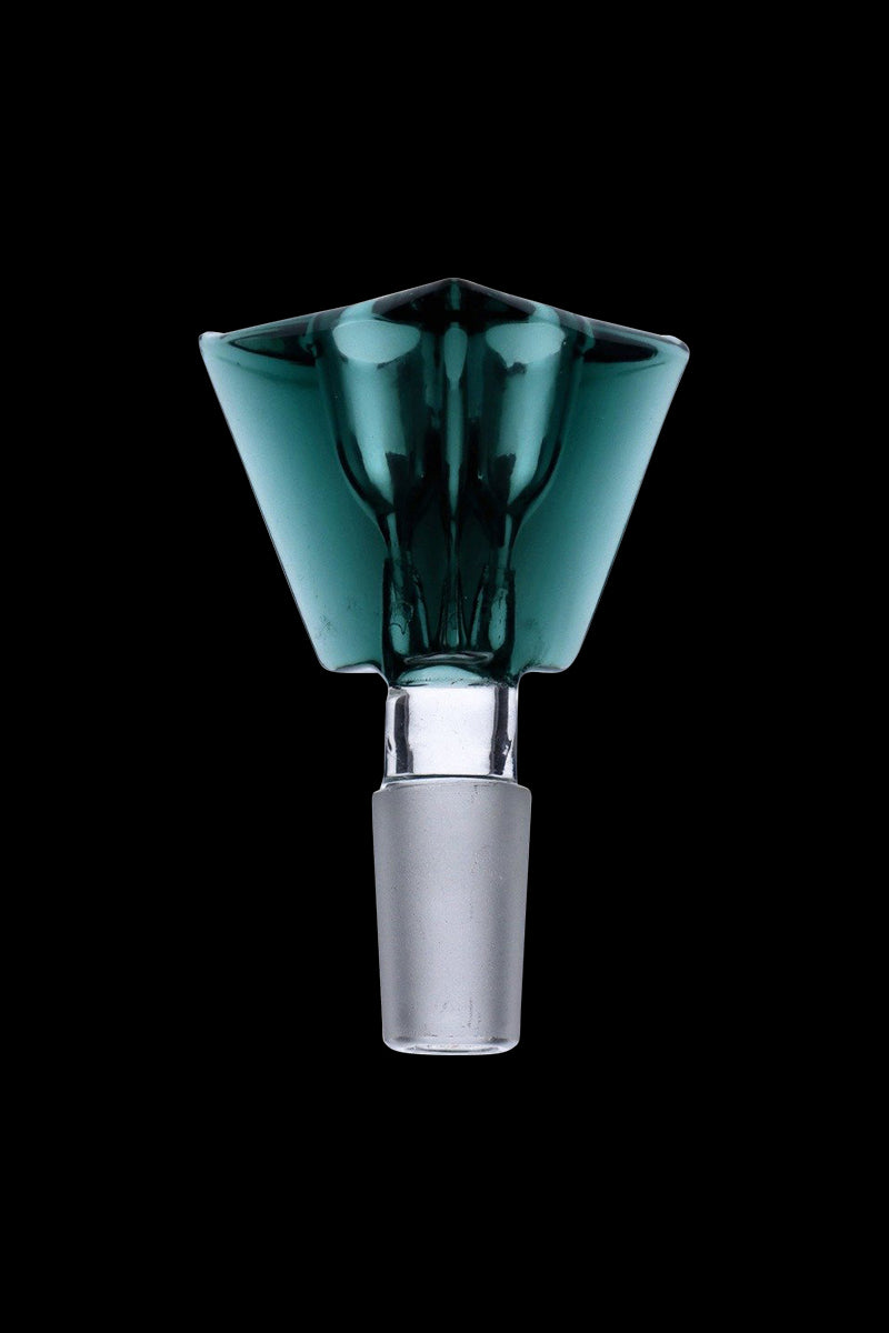 Centered close-up of the Triangle Glass Bowl - Male Joint showing a teal triangular glass bowl and frosted male joint against a black background