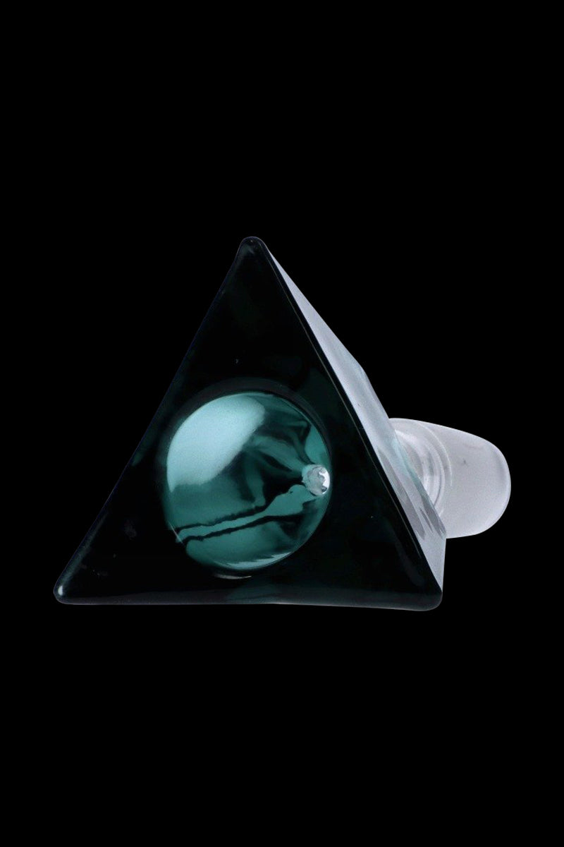 Close-up front view of a teal Triangle Glass Bowl - Male Joint showing its triangular face and rounded teal inner chamber against a black background.