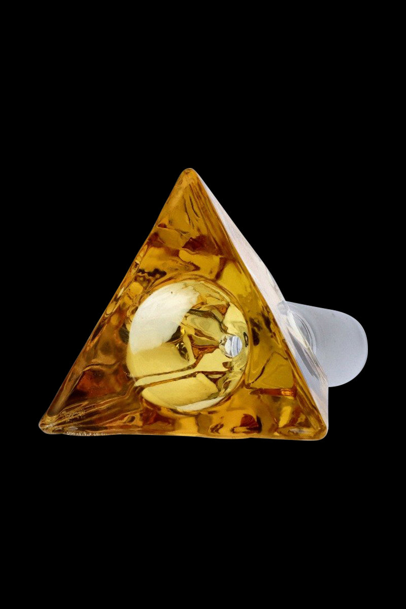 Close-up front view of the Triangle Glass Bowl - Male Joint in translucent amber glass against a black background, angled to show its triangular face and clear frosted joint.