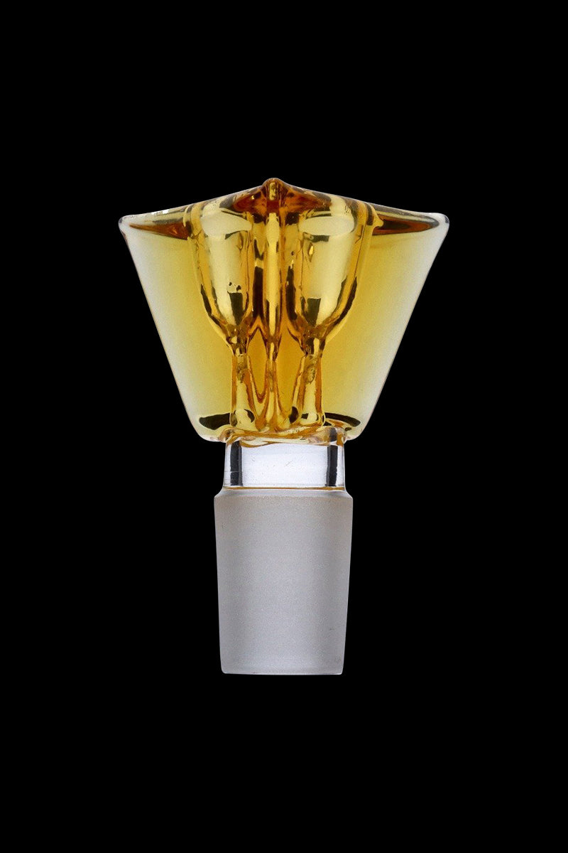 Front-facing close-up of the Triangle Glass Bowl - Male Joint in teal-toned amber glass against a black background, showing its triangular rim and frosted joint.