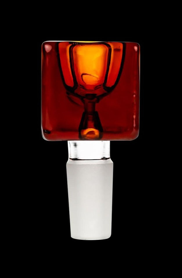 Centered close-up of the Square Glass Bowl - Male Joint showing a translucent amber square bowl and frosted male joint against a black background