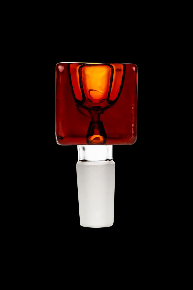 Front view of the Square Glass Bowl - Male Joint showing a translucent amber square bowl and frosted glass joint against a black background.