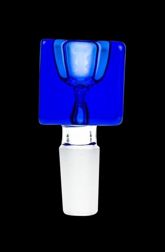 Centered close-up of the Square Glass Bowl - Male Joint showing a translucent blue square bowl and clear frosted joint against a black background