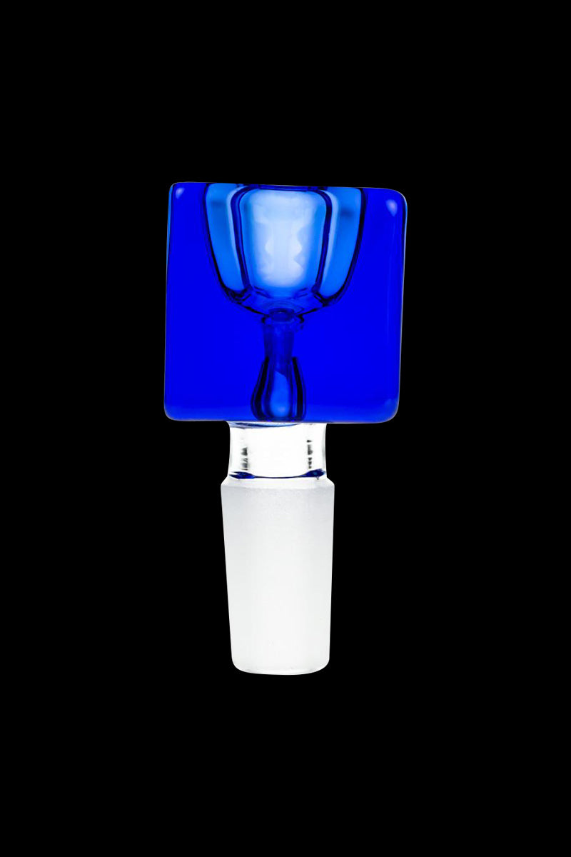 Front view of the Square Glass Bowl showing a cobalt blue square top and clear frosted stem against a black background.