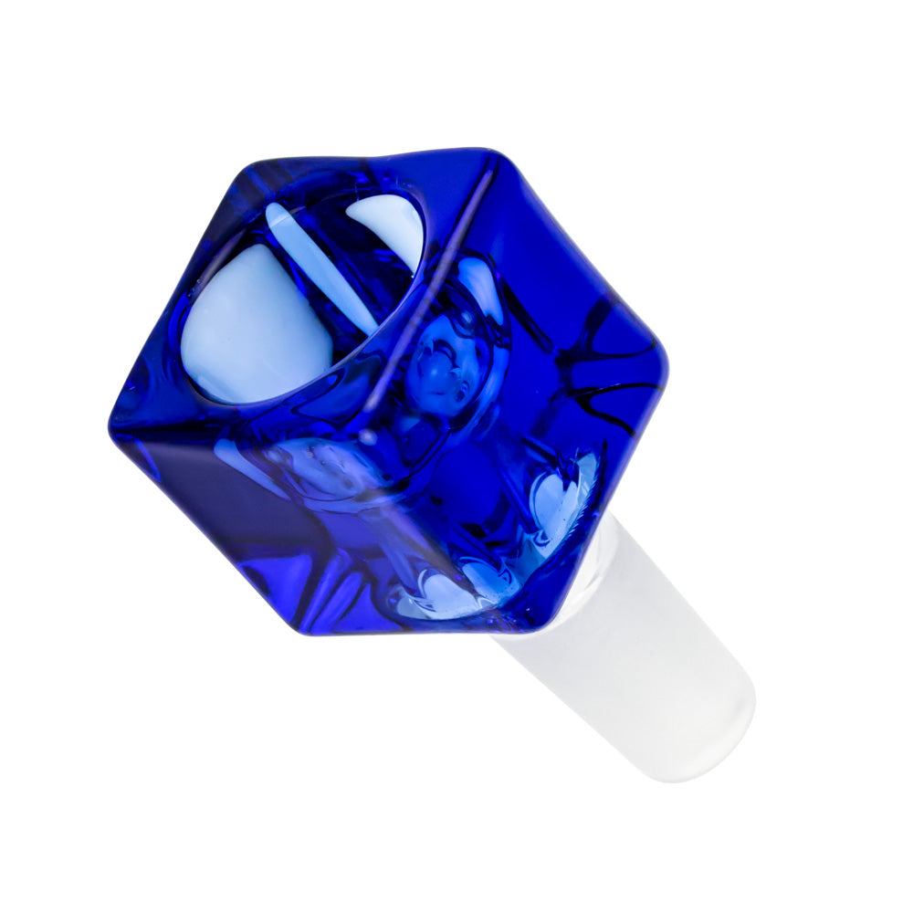 Angled close-up of a vivid cobalt Square Glass Bowl - Male Joint showing its faceted cube top and white frosted stem against white.