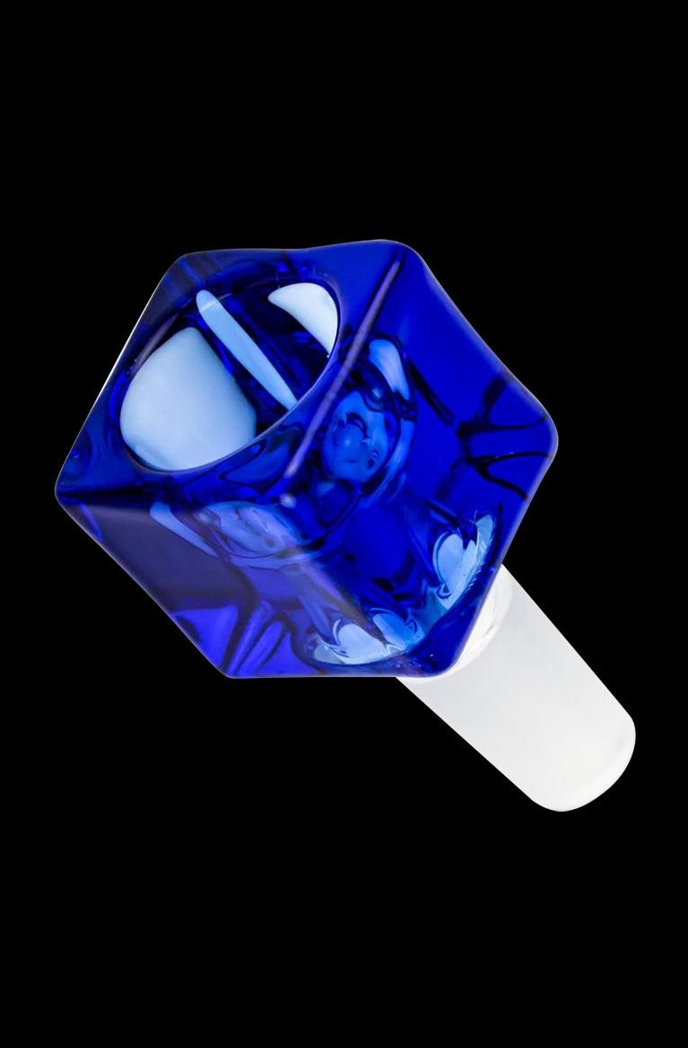 Angled close-up of the Square Glass Bowl - Male Joint showing a deep blue, square glass bowl and clear white male joint against a black background