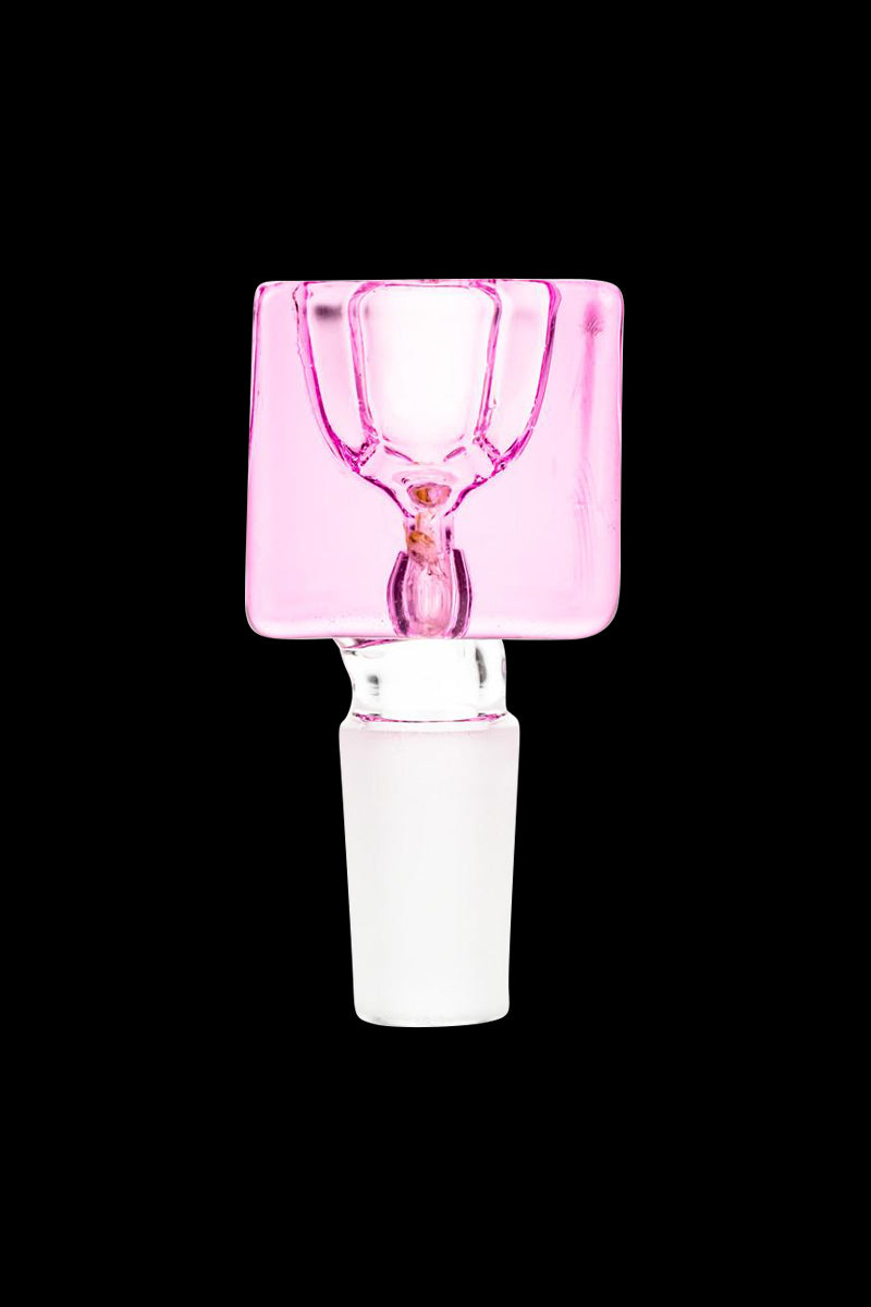 Center-framed close-up of a pink Square Glass Bowl showing its square rim and internal funnel against a black background.