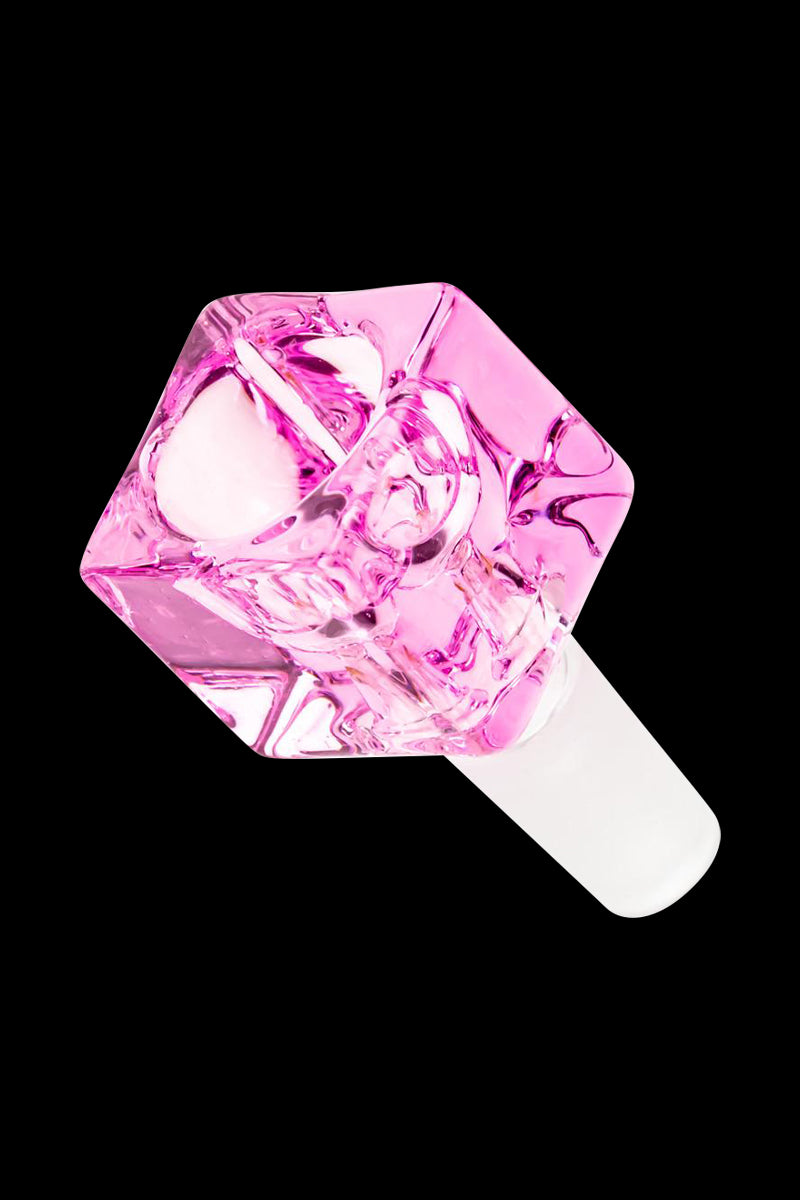 Angled close-up of a glossy pink Square Glass Bowl showing its faceted cube top and white stem against a black background