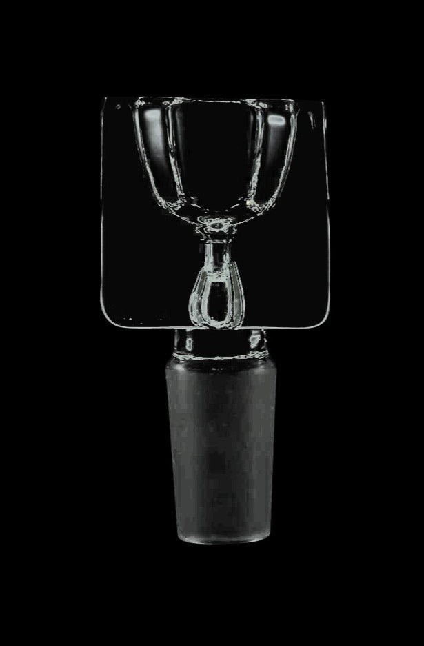 Centered close-up of the Square Glass Bowl - Male Joint showing its square clear glass cup and visible inner funnel against a black background