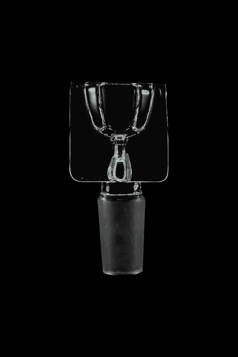 Front-facing close-up of the Square Glass Bowl showing its clear square top and central funnel against a black background.