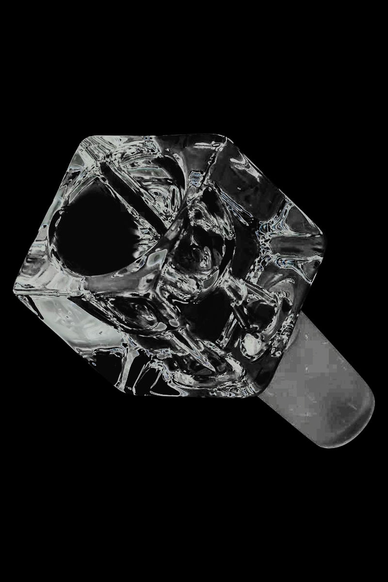 Top-down view of the Square Glass Bowl - Male Joint showing hexagonal clear glass facets and a frosted male joint against a black background