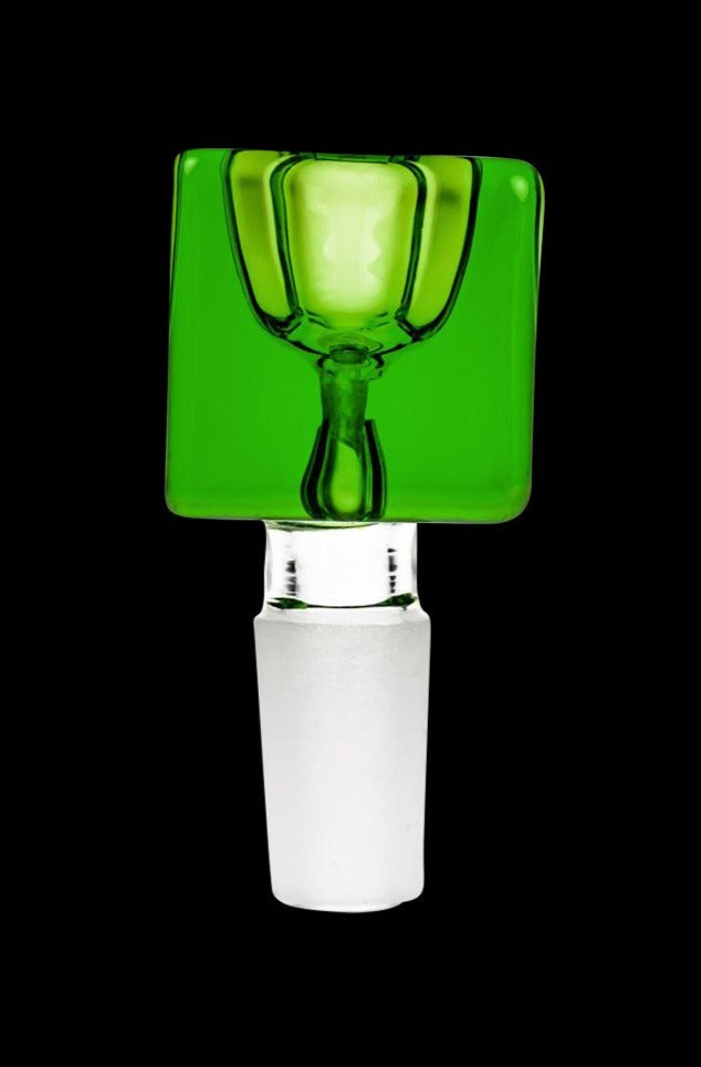 Close-up front view of the Square Glass Bowl - Male Joint in translucent green, centered against a black background.