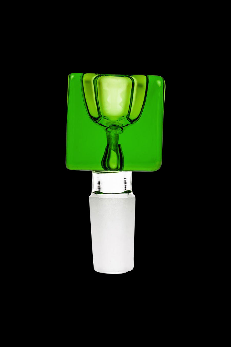 Front-facing view of the Square Glass Bowl in translucent green, centered against a black background showing its square top and clear stem.