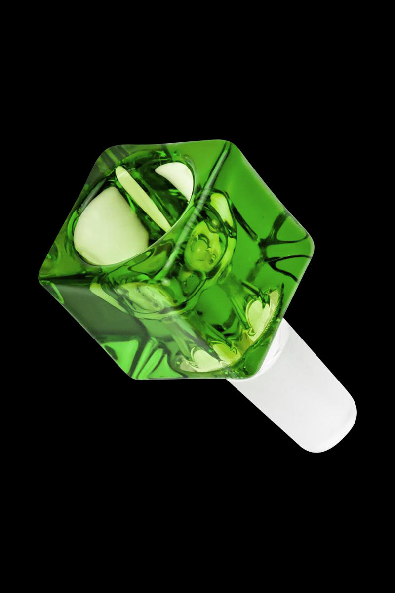 Angled close-up of the Square Glass Bowl - Male Joint showing its translucent green square head and white male stem against a black background.