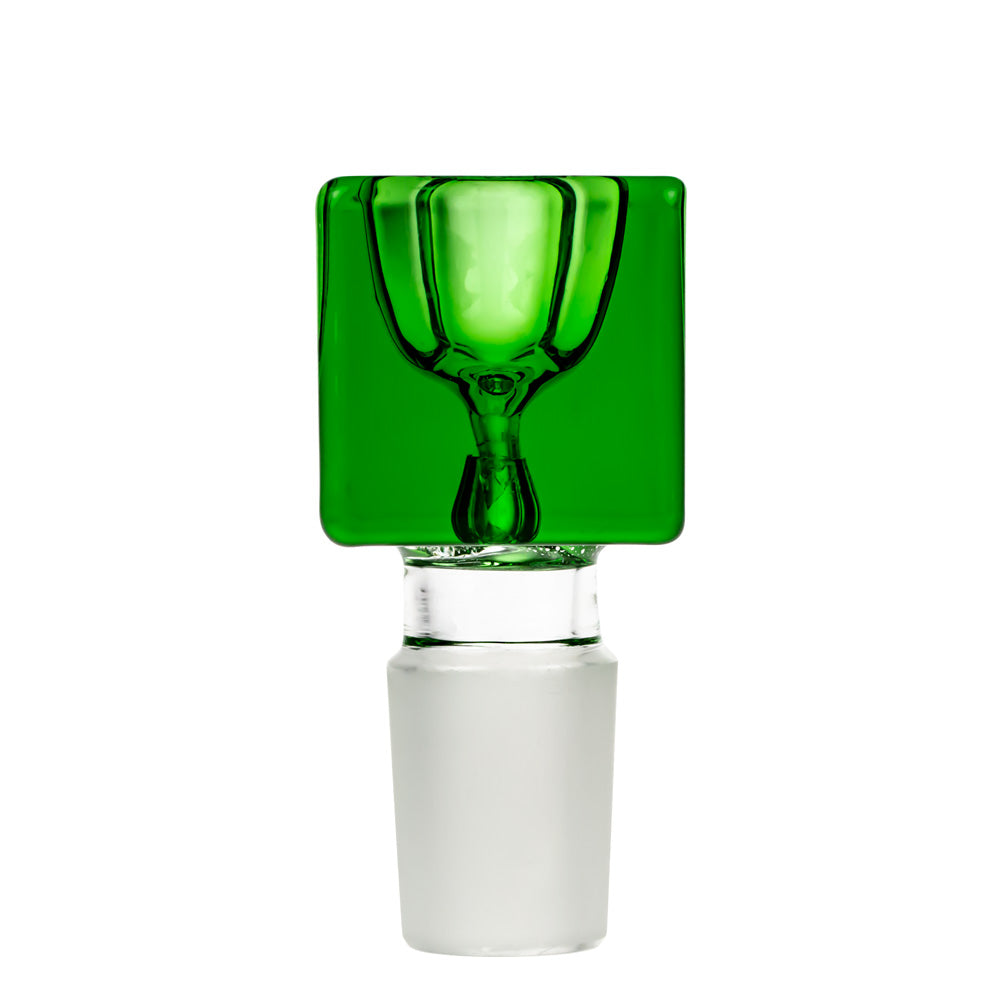 Centered front view of the Square Glass Bowl showing a translucent green square top and clear tapered stem against a white background