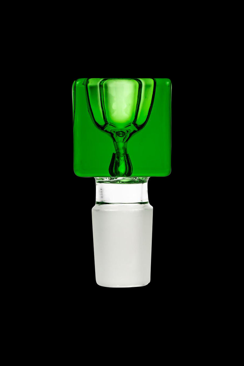 Centered close-up of a green Square Glass Bowl with a clear stem against a black background, shot straight-on.