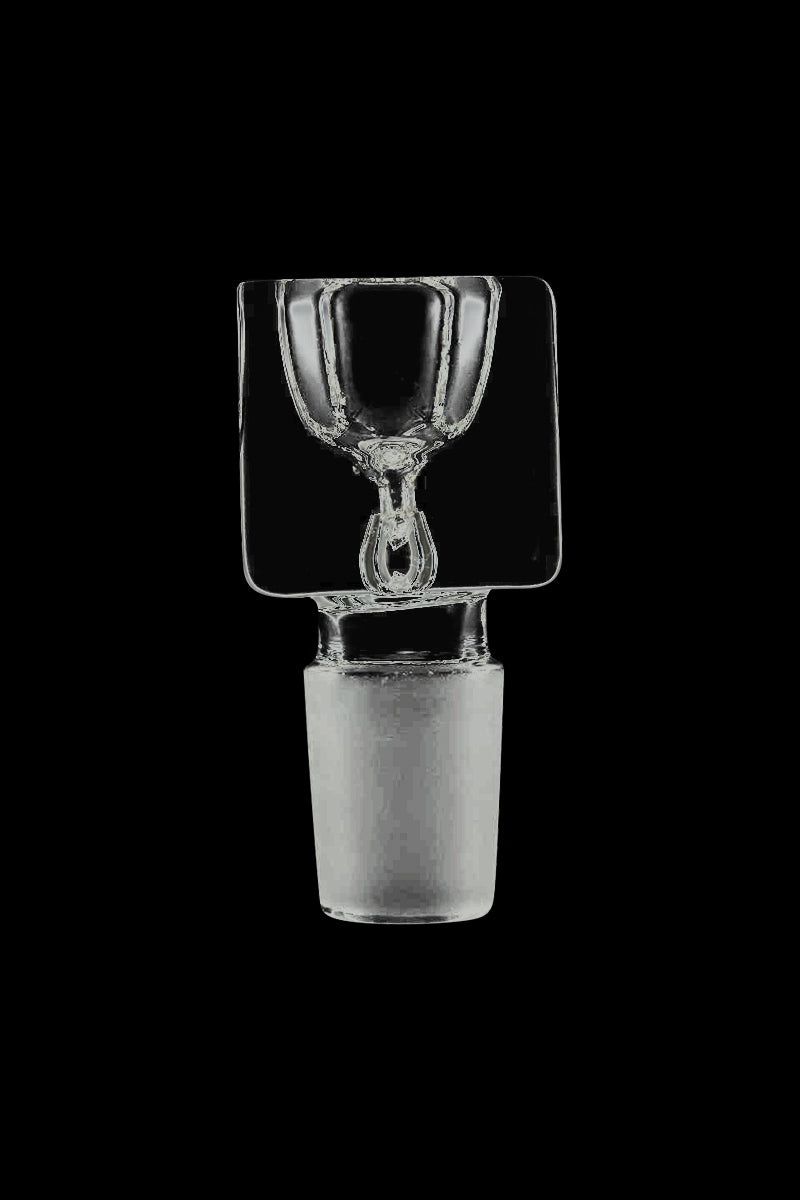 Front-facing close-up of the clear Square Glass Bowl centered on a black background showing its square top and tapered frosted stem.