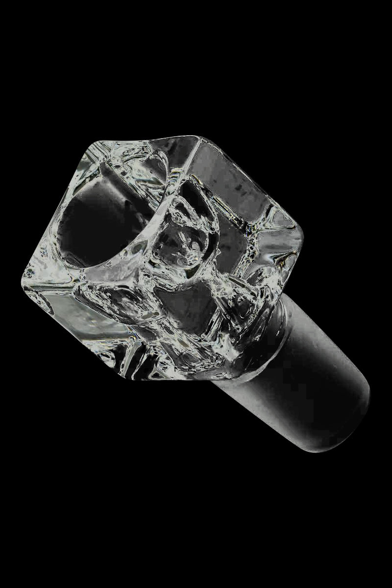 Angled close-up of the clear Square Glass Bowl against a black background, showing its textured square rim and hollow center.