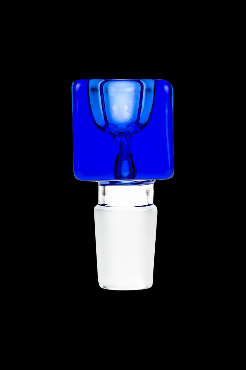 Center-frontal view of a vivid cobalt glass Square Glass Bowl atop a clear frosted joint against a black background