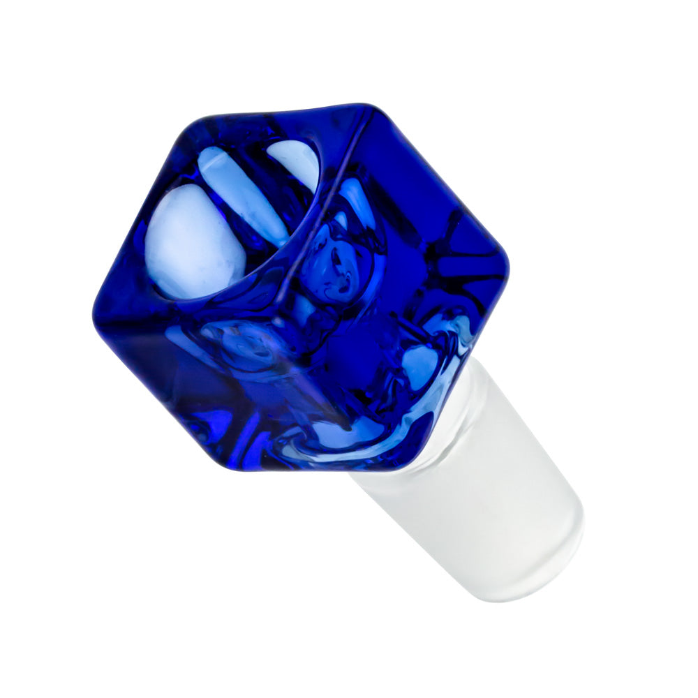 Top-down view of a deep cobalt blue Square Glass Bowl with a faceted square rim and glossy reflections against a white background.