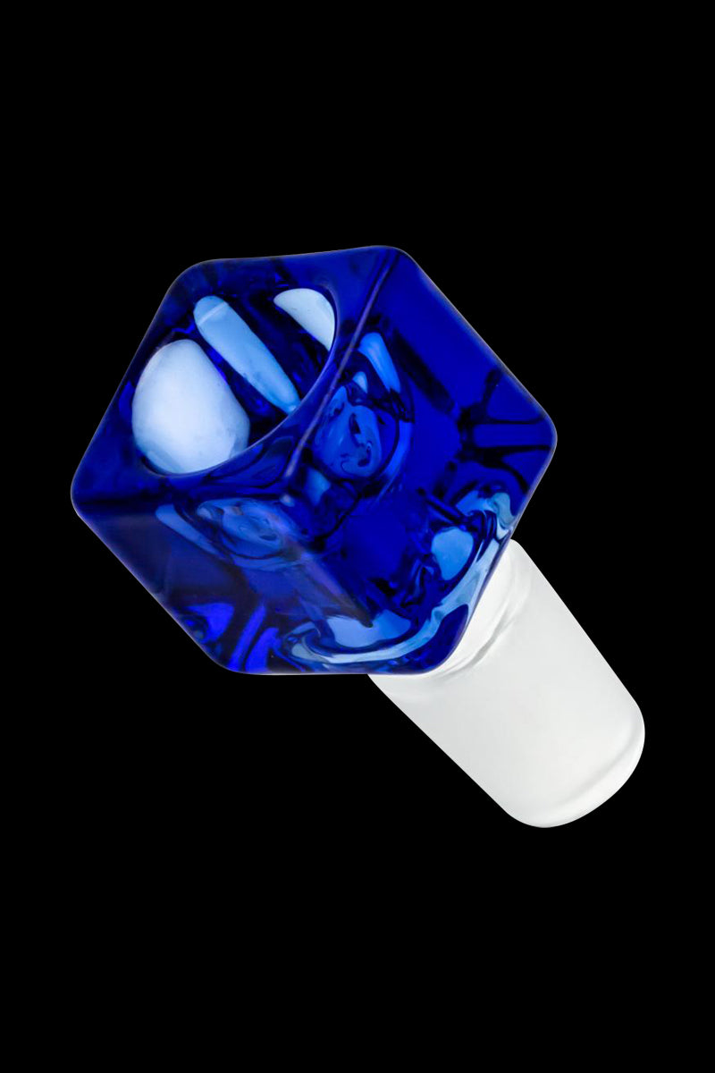 Angled close-up of a deep cobalt Square Glass Bowl against a black background, showing its faceted square rim and translucent blue glass.