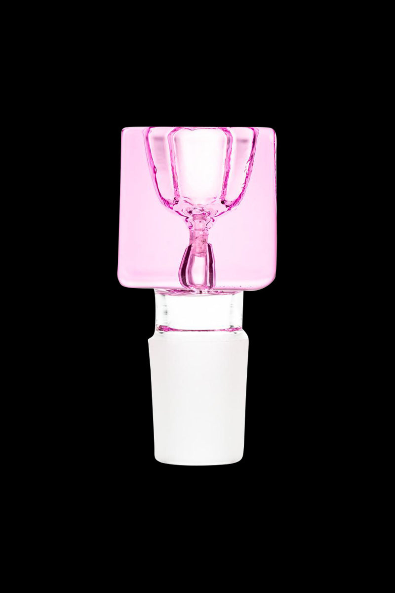 Close-up front view of the pink Square Glass Bowl against a black background, showing its square top and clear stem.