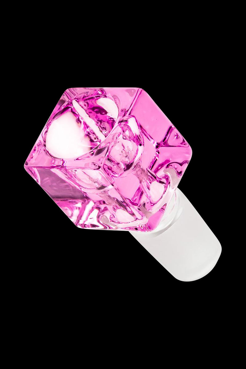 Angled close-up of a pink Square Glass Bowl showing faceted reflections and a white stem against a black background