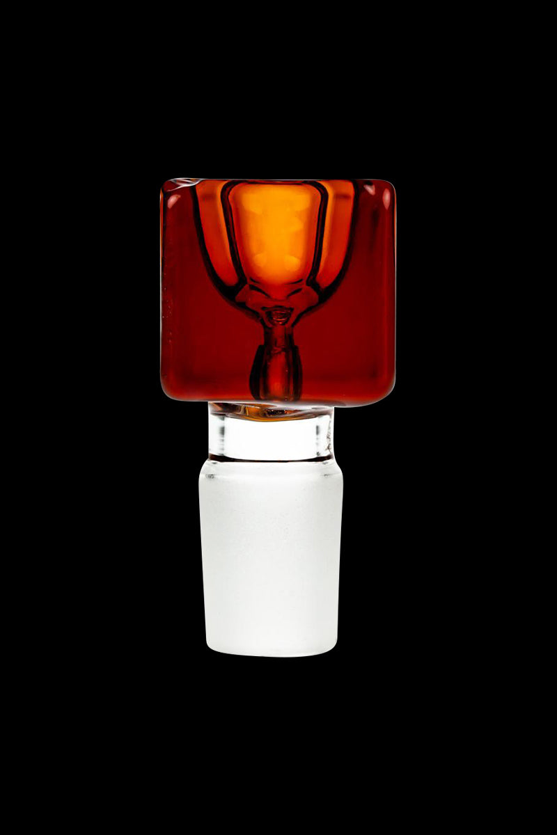 Center-frontal view of the Square Glass Bowl showing a translucent deep amber square top and frosted stem against a black background