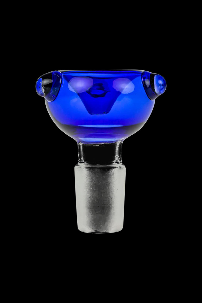 A close-up, angled view of the Cobalt Blue Glass Bowl with Glass Marbles, featuring a smooth, rounded shape and decorative marbles inside.