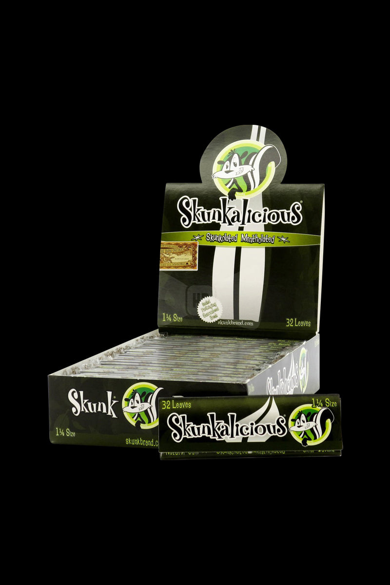Front view of the Skunkalicious 1 1/4 Mentholated Rolling Papers package, showing its colorful branding against a plain white backdrop.