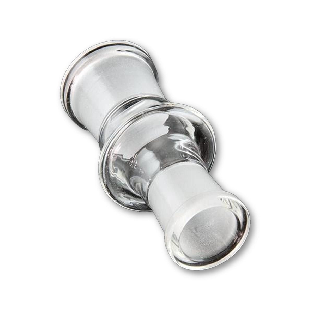 Angled close-up of a clear glass Sleek And Simple Female To Female Adapter showing its polished joints and reflective surface against a white background