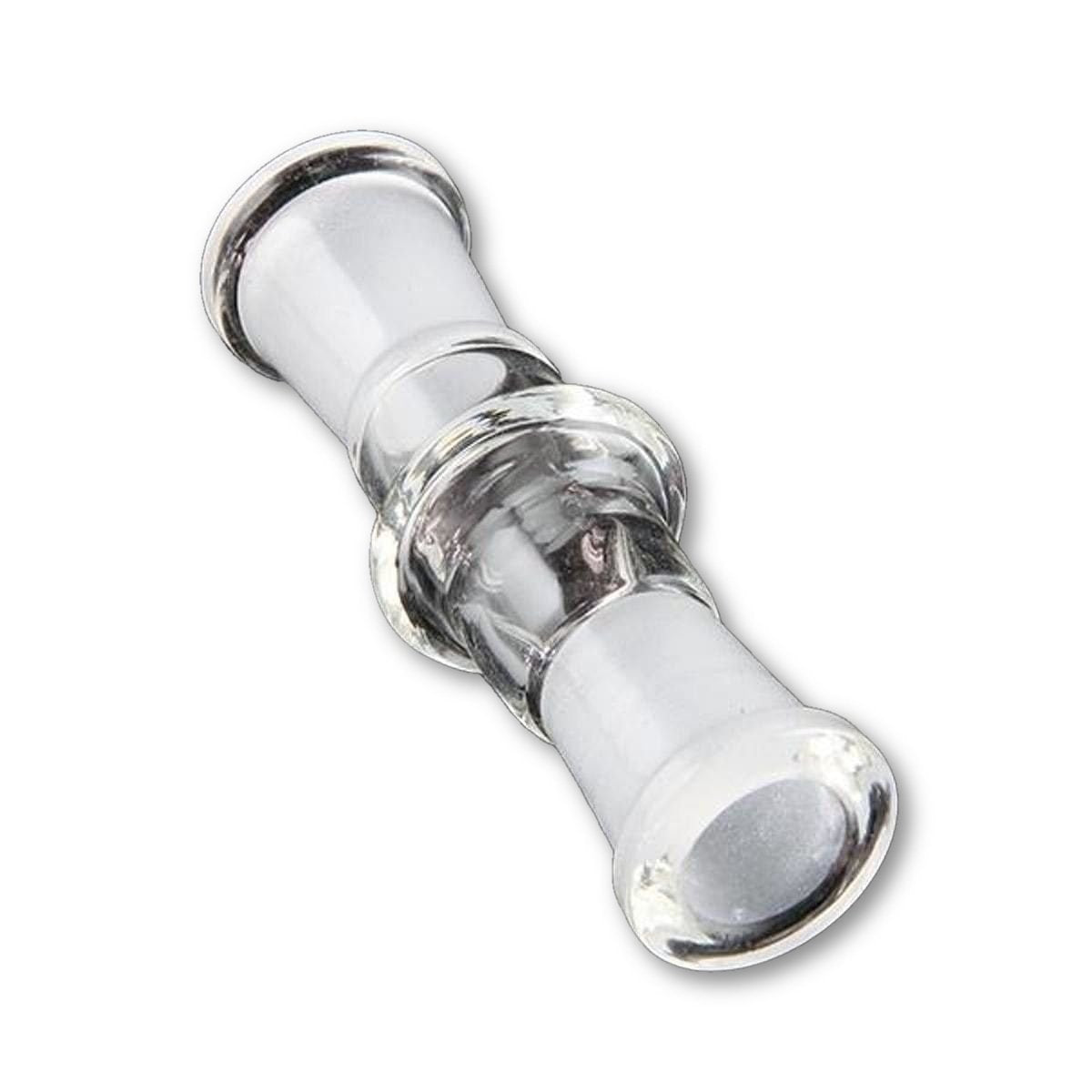 Angled close-up of the Sleek And Simple Female To Female Adapter showing its clear glass body and polished rims against a white background