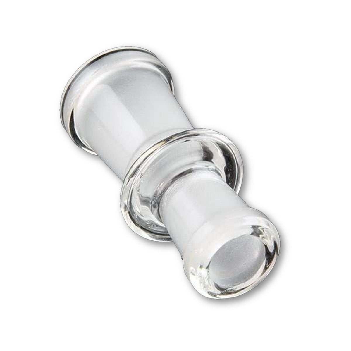 Angled close-up of the Sleek And Simple Female To Female Adapter showing its clear glass joint and glossy flared ends against a white background