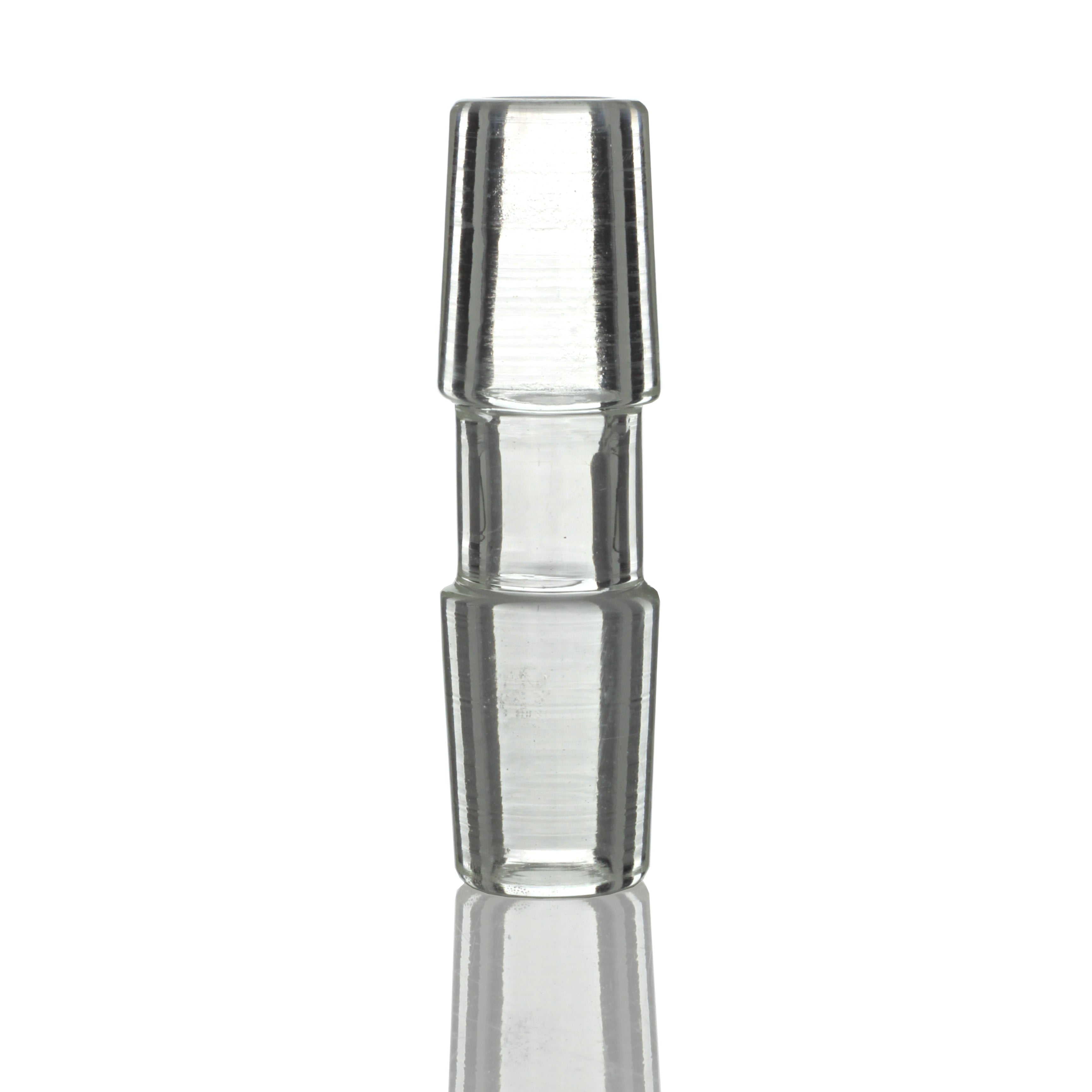 Close-up, centered view of the clear Sleek And Simple Male To Male Adapter showing its smooth, reflective glass surface and subtle shadowed rings.