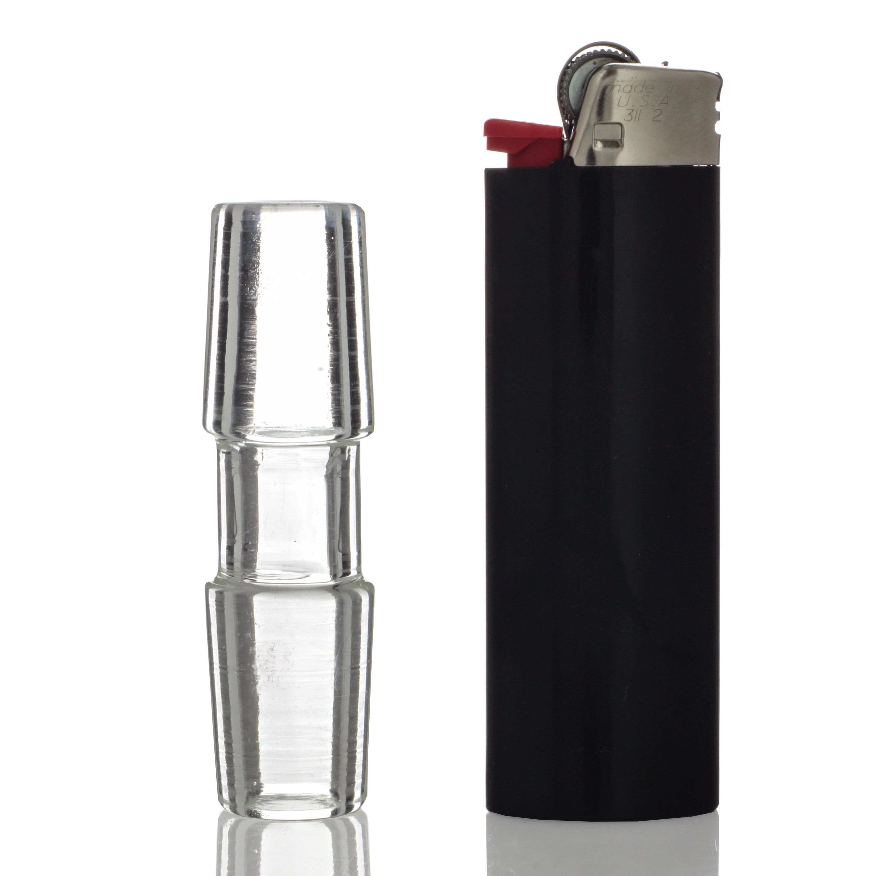 Close-up side view of the Sleek And Simple Male To Male Adapter showing a clear glass tapered end next to a black lighter body on a white background.