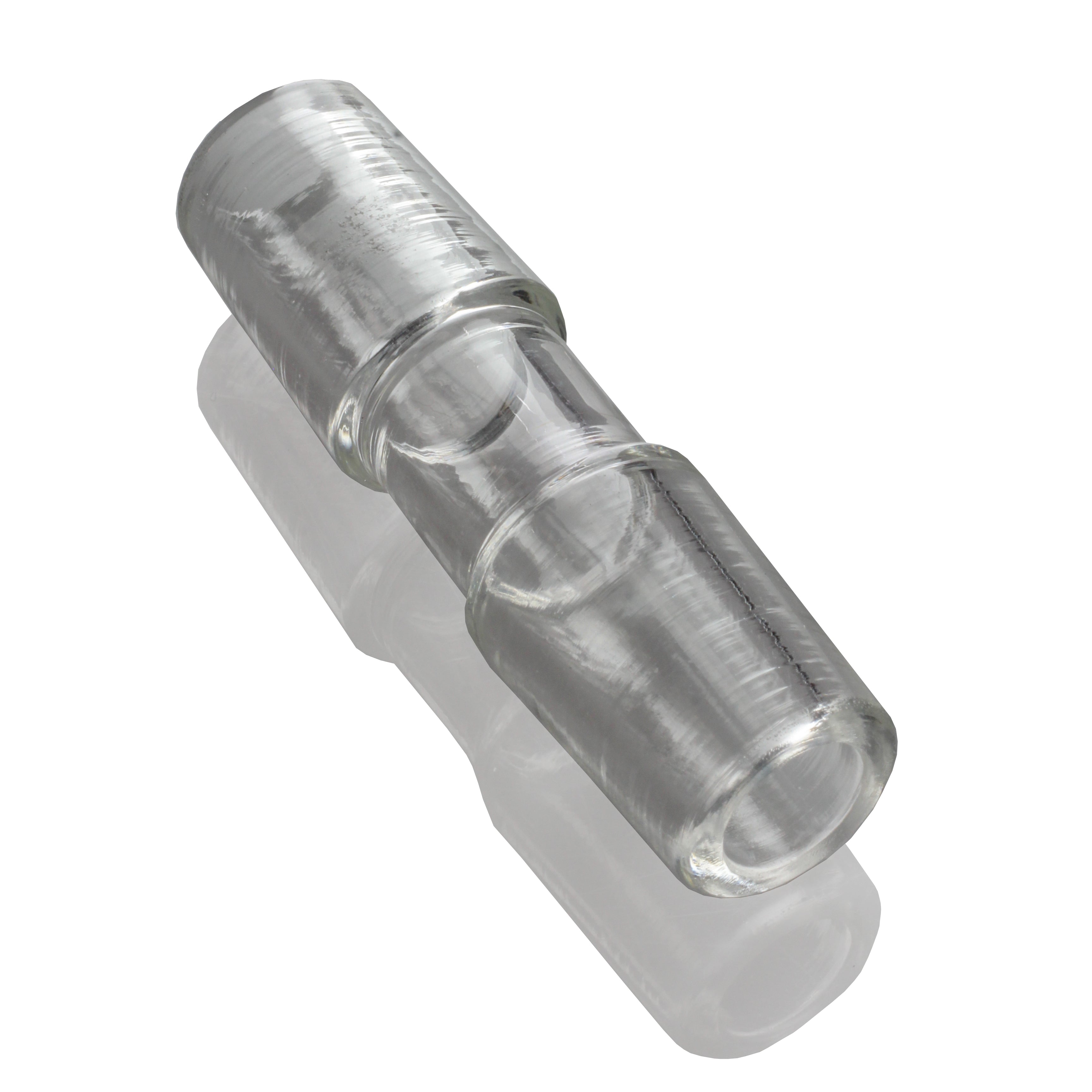 Angled close-up of the Sleek And Simple Male To Male Adapter showing its shiny metallic cylindrical body and shadow on a white background