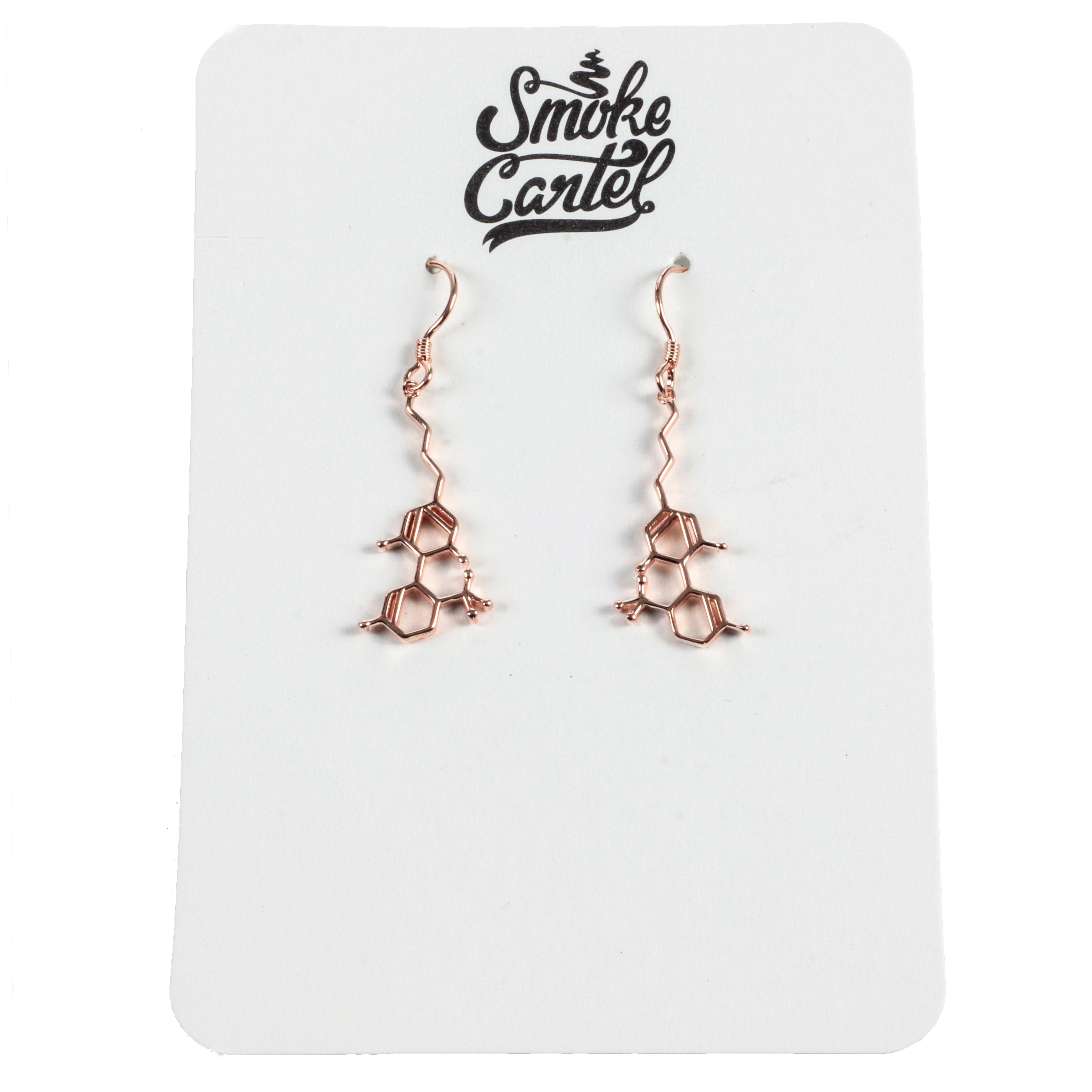 A detailed close-up of the Smoke Cartel THC Molecule Earrings, showcasing their intricate, scientific design against a plain white background.