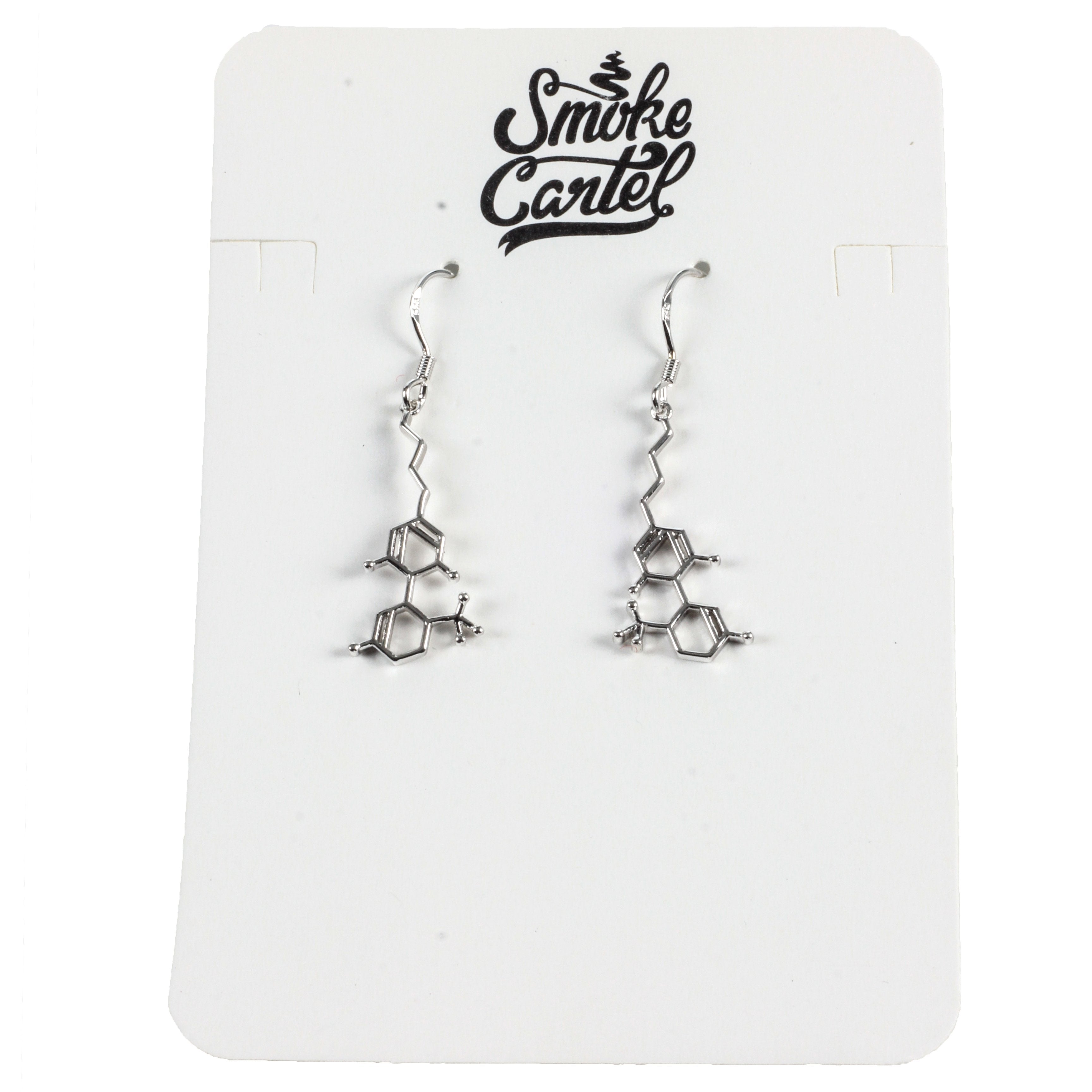 A close-up shows the Smoke Cartel THC Molecule Earrings, silver-toned studs depicting a molecular structure against a plain white background.
