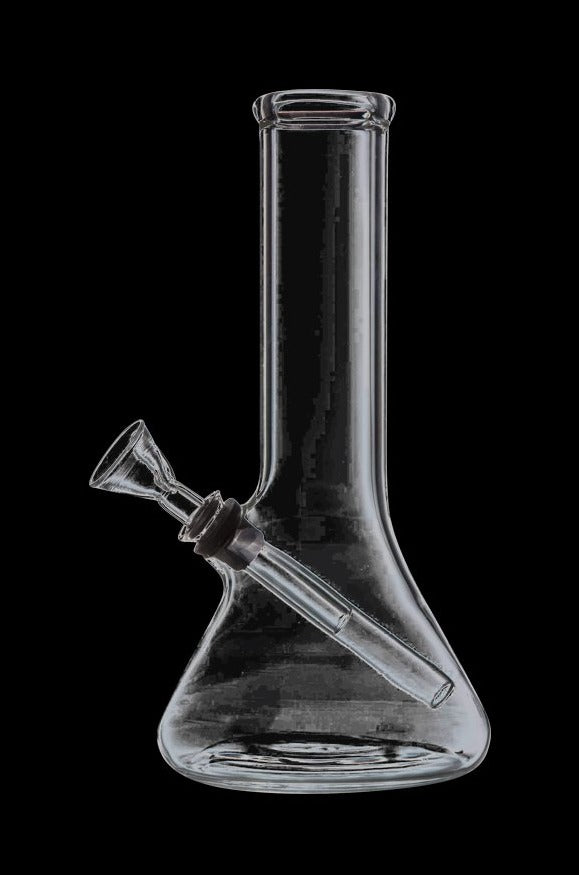 Front view of the Scientific Beaker Base Water Pipe, a clear glass piece with a classic beaker shape.