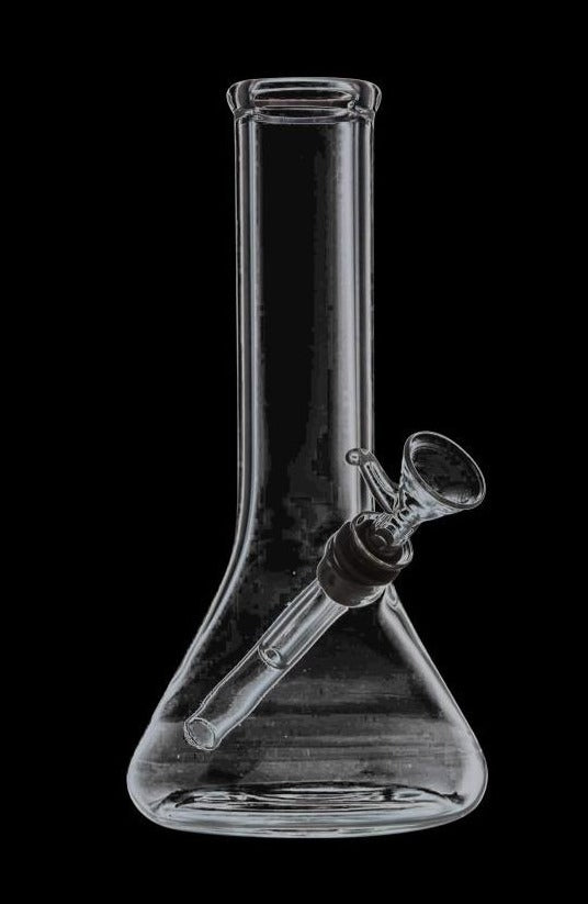 Front view of the Scientific Beaker Base Water Pipe, a clear glass piece with a simple, cylindrical base design.