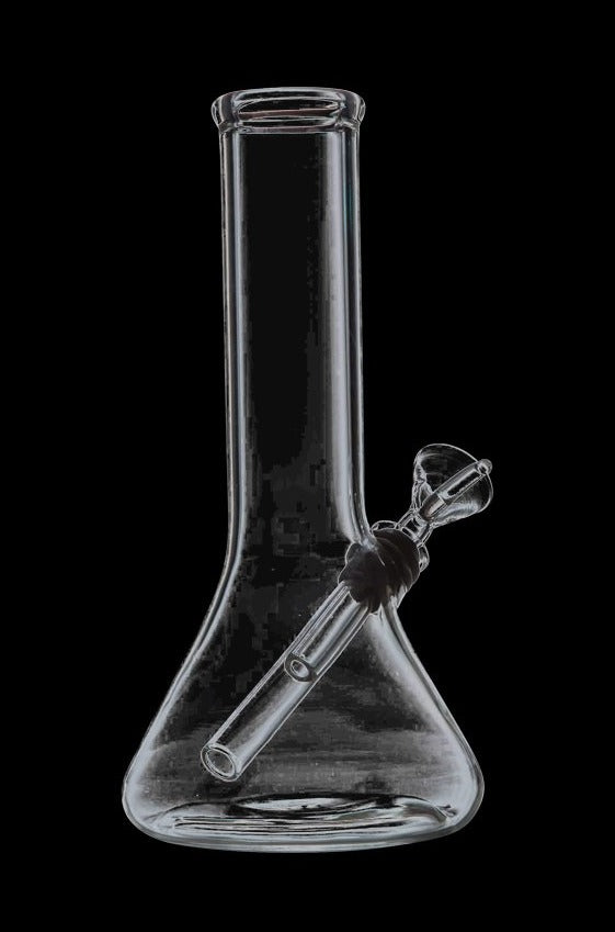 Front view of the Scientific Beaker Base Water Pipe, a clear glass piece with a classic beaker shape and simple design.