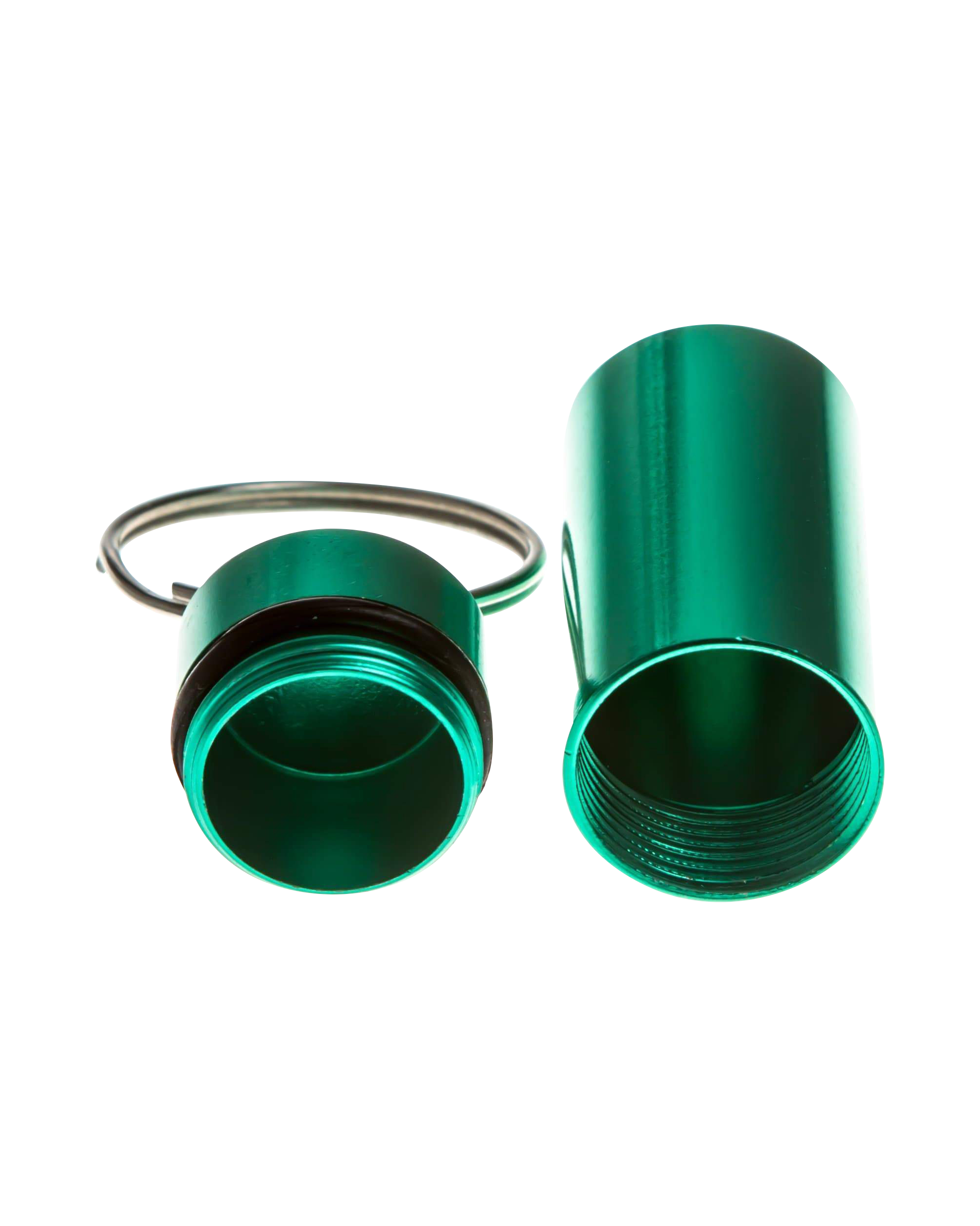 A close-up, angled view of the Discrete Key Chain Stash Jar, showing its metallic finish and keychain attachment against a plain white background.