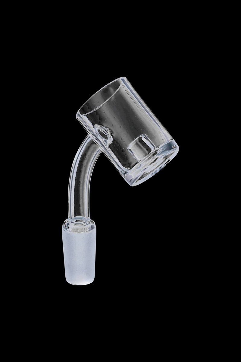 A diagonal view of the Quartz Core Reactor Banger Nail, showcasing its clear glass construction and bowl-shaped design.