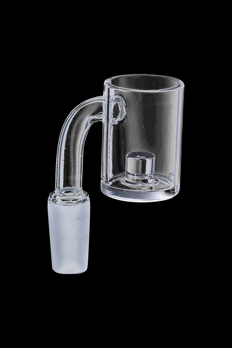 A close-up, angled view of the Quartz Core Reactor Banger Nail, showcasing its clear quartz construction and simple, cylindrical shape.