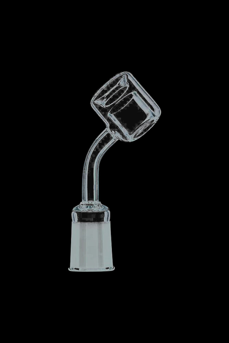 Centered close-up on a clear Thermal Chamber Quartz Banger Nail angled upward against a solid black background.